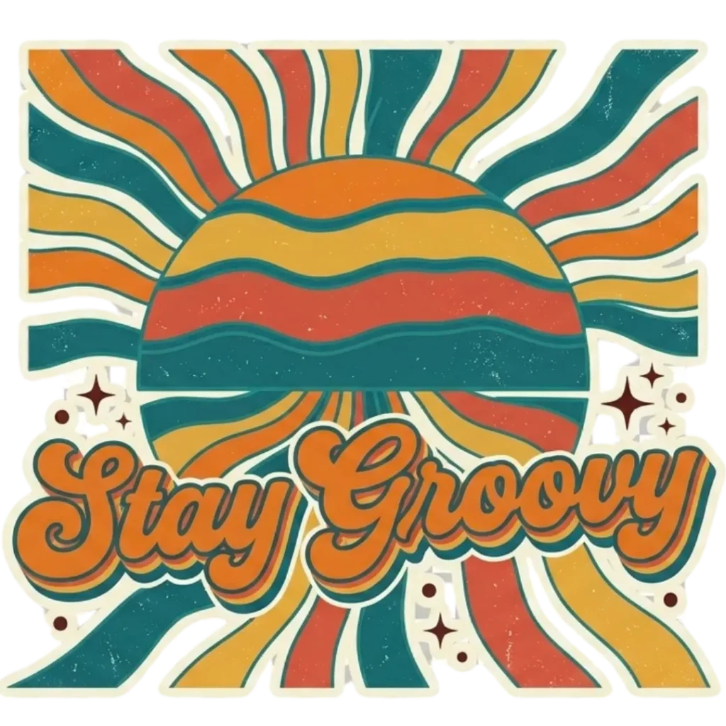 Retro groovy sunset sublimation design with vintage stripes and “Stay Groovy” text.