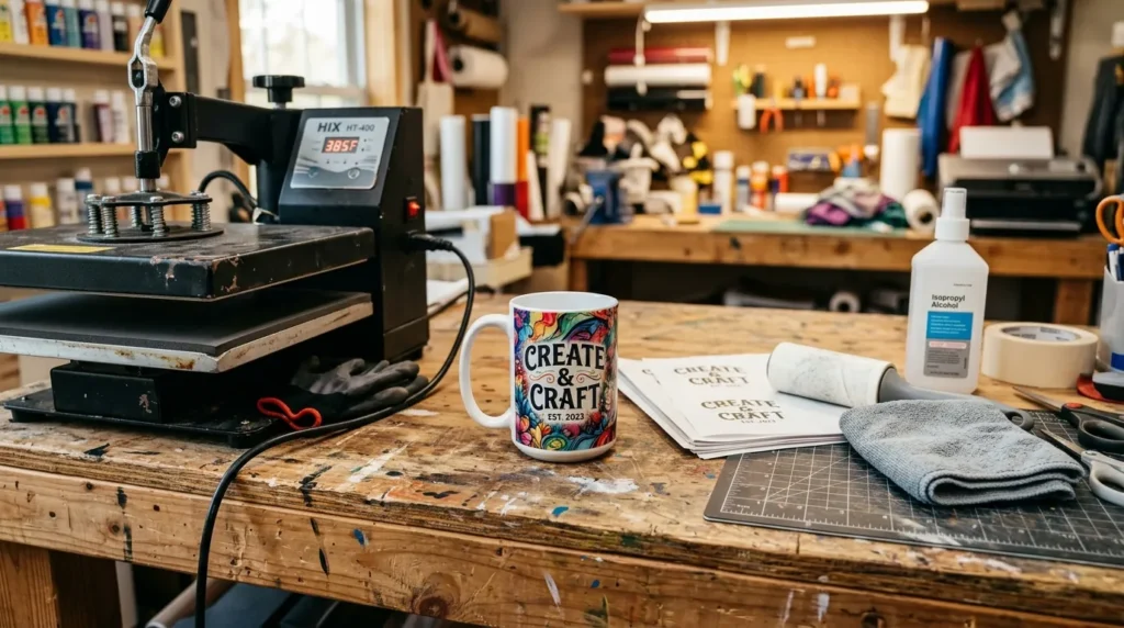 Sublimated mug on workbench beside heat press machine and cleaning tools.