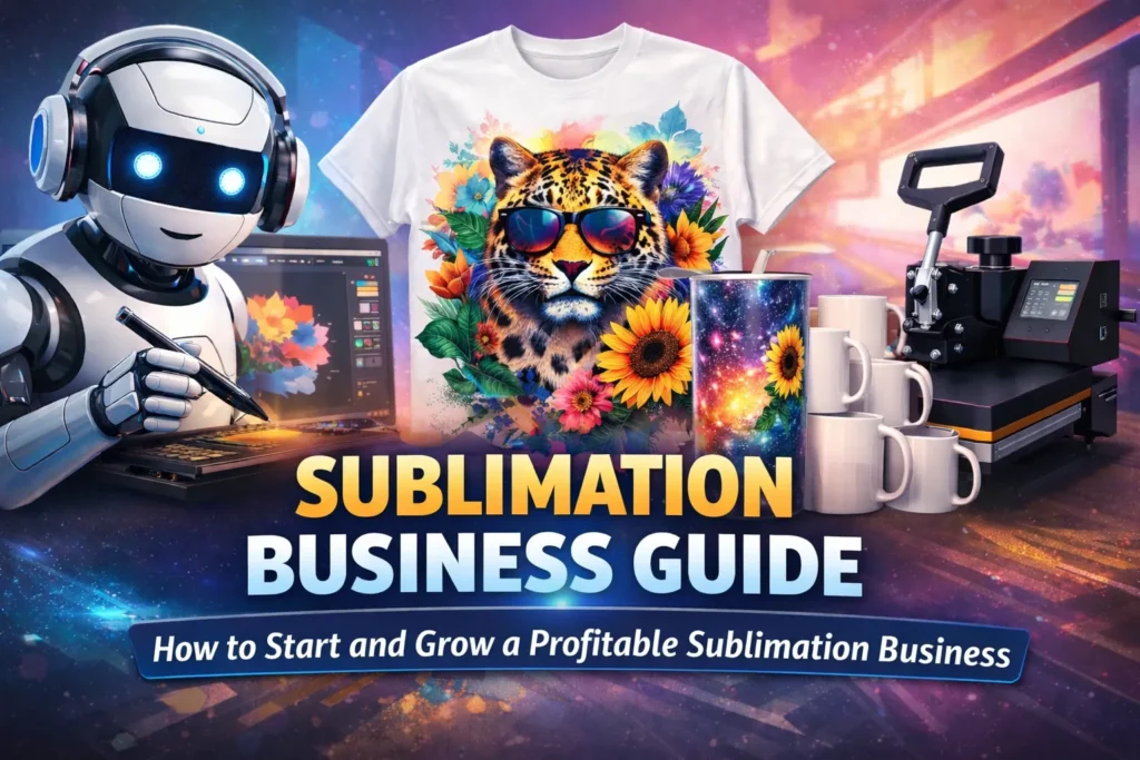 A colorful banner of Sublimation Business Guide with text and info.