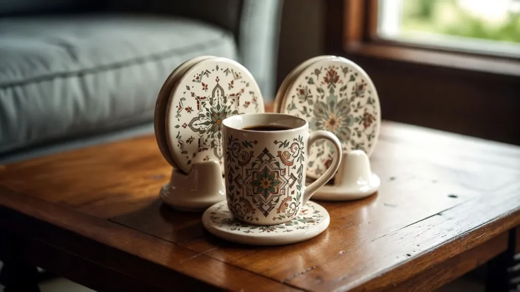 Set of four custom sublimation coasters on wooden table.