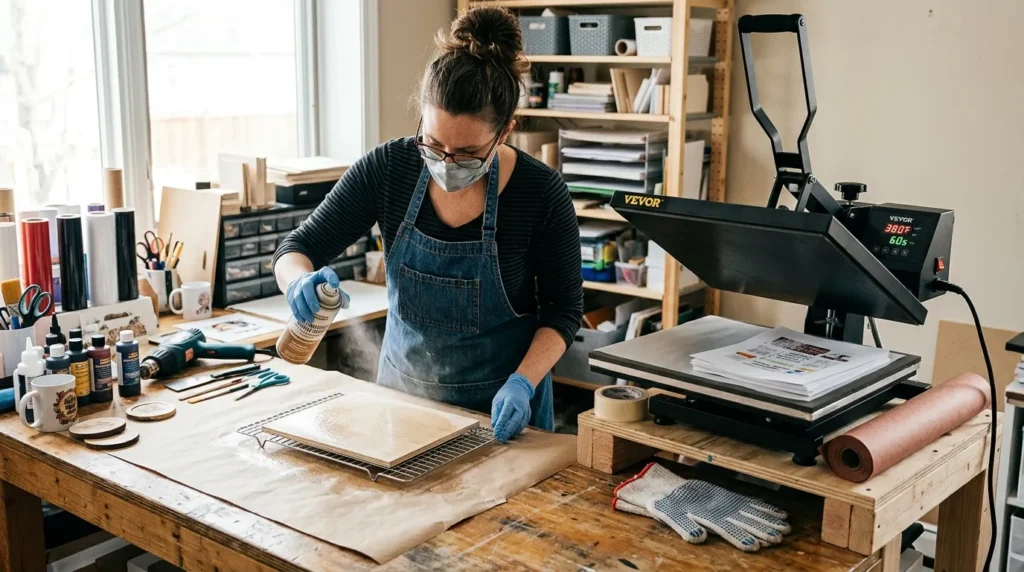 A crafter applying sublimation coating spray on a wooden panel next to a heat press setup.