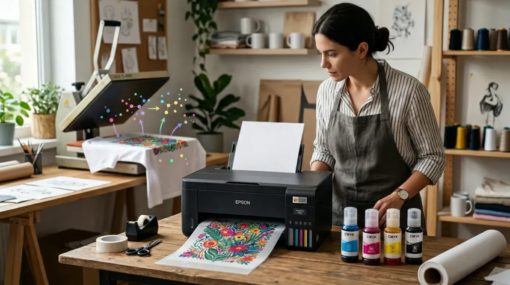 Designer printing vibrant sublimation design with heat press and ink bottles in studio workspace.