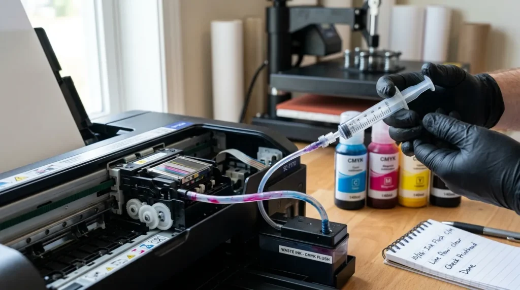 Close-up of cleaning solution flushing colored ink through sublimation printer ink line tubing.