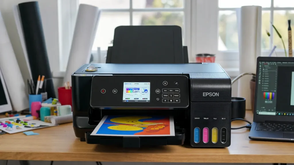 Low ink levels visible in Epson EcoTank sublimation printer tanks before switching to a new sublimation ink brand.