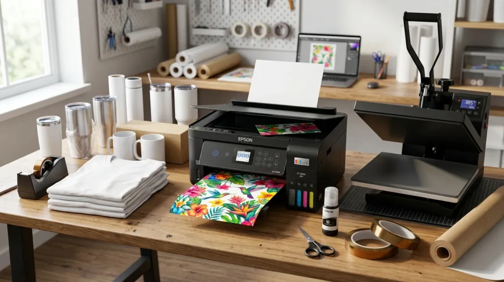 Sublimation printer printing transfer paper for custom t-shirts and mugs in a small business workspace.
