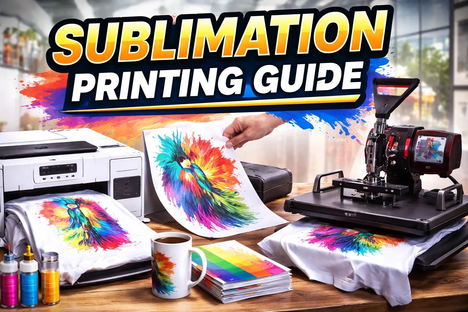 A visual with text info of Sublimation Printing Complete Beginner Guide.