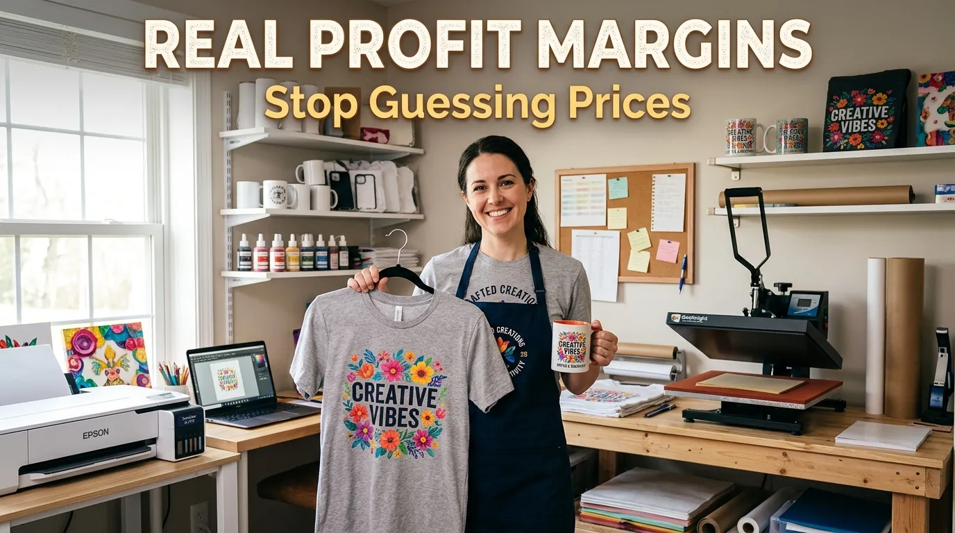 Person holding sublimated products in a workspace with bold “Real Profit Margins” text overlay.