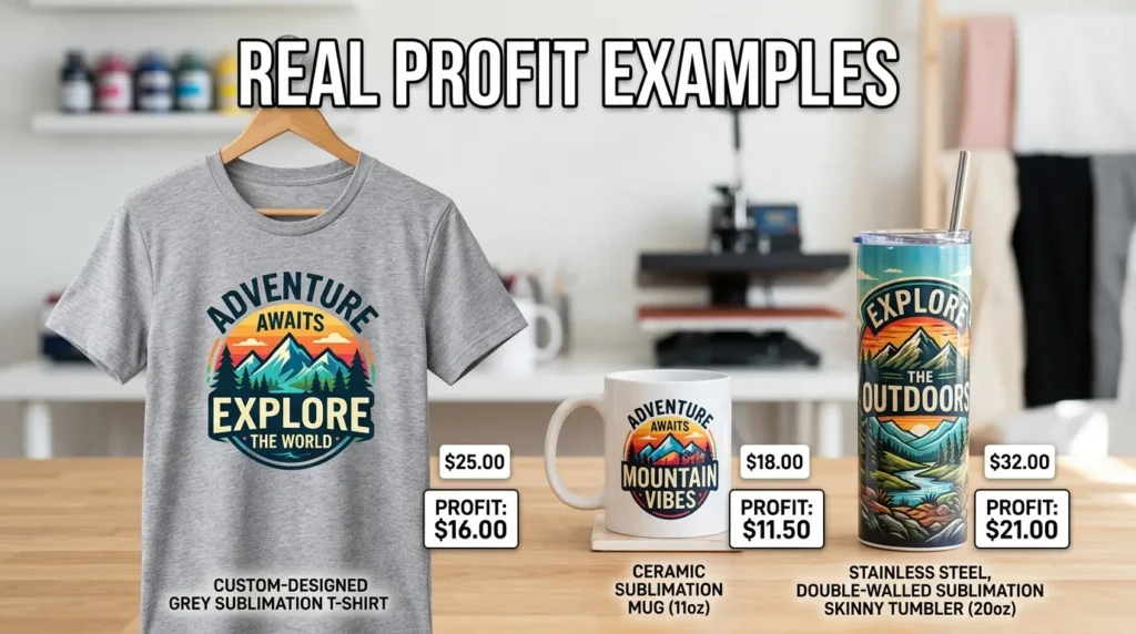 Sublimation shirt, mug, and tumbler with pricing and profit examples displayed.