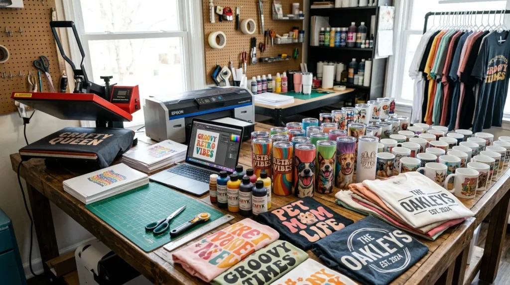 Creative sublimation workspace with printed tumblers, shirts, mugs, heat press, and niche designs.