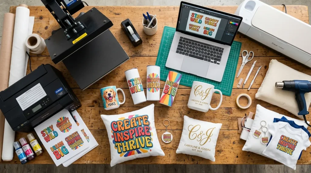 Top-down sublimation workspace with colorful tumblers, shirts, mugs, and niche designs.