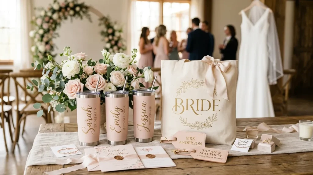 Wedding lifestyle scene with personalized bridal tote bag, bridesmaid tumblers, and custom luggage tags.
