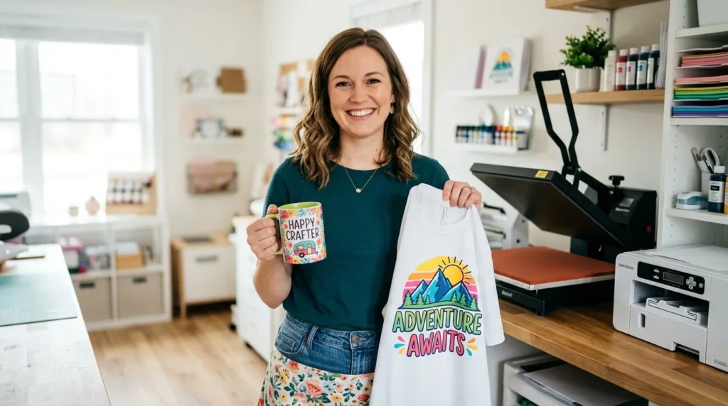 Beginner holding a sublimation mug and custom printed polyester T-shirt in a bright craft workspace with heat press and supplies in the background.
