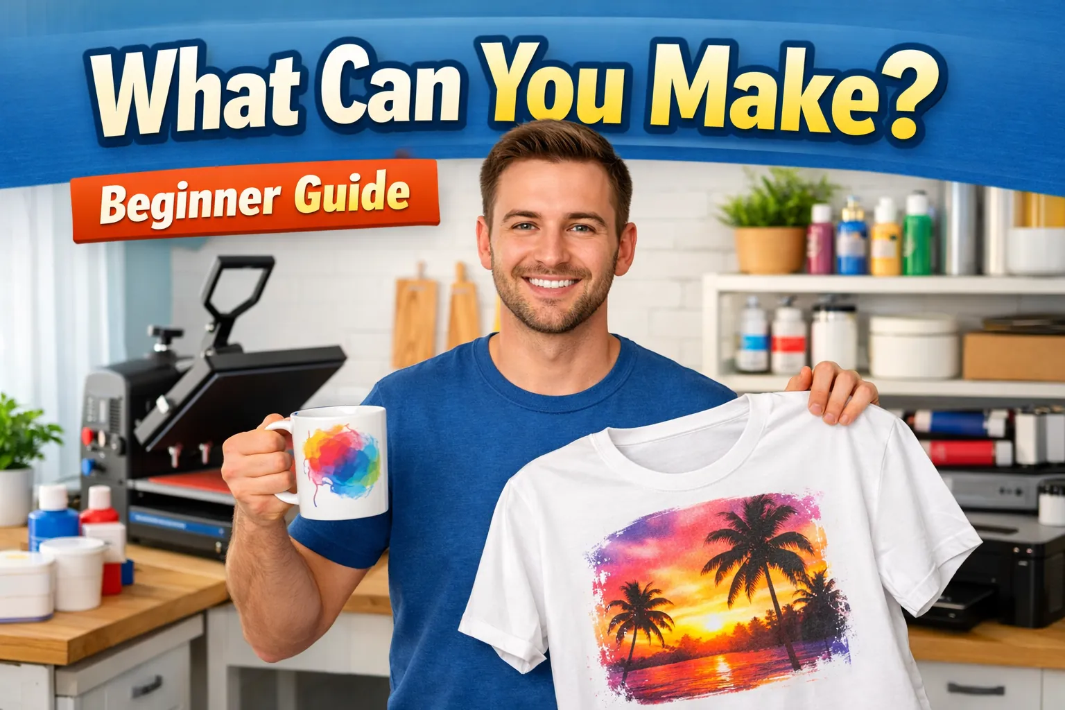 Beginner holding sublimation mug and custom T-shirt in a bright crafting workspace with guide title overlay.