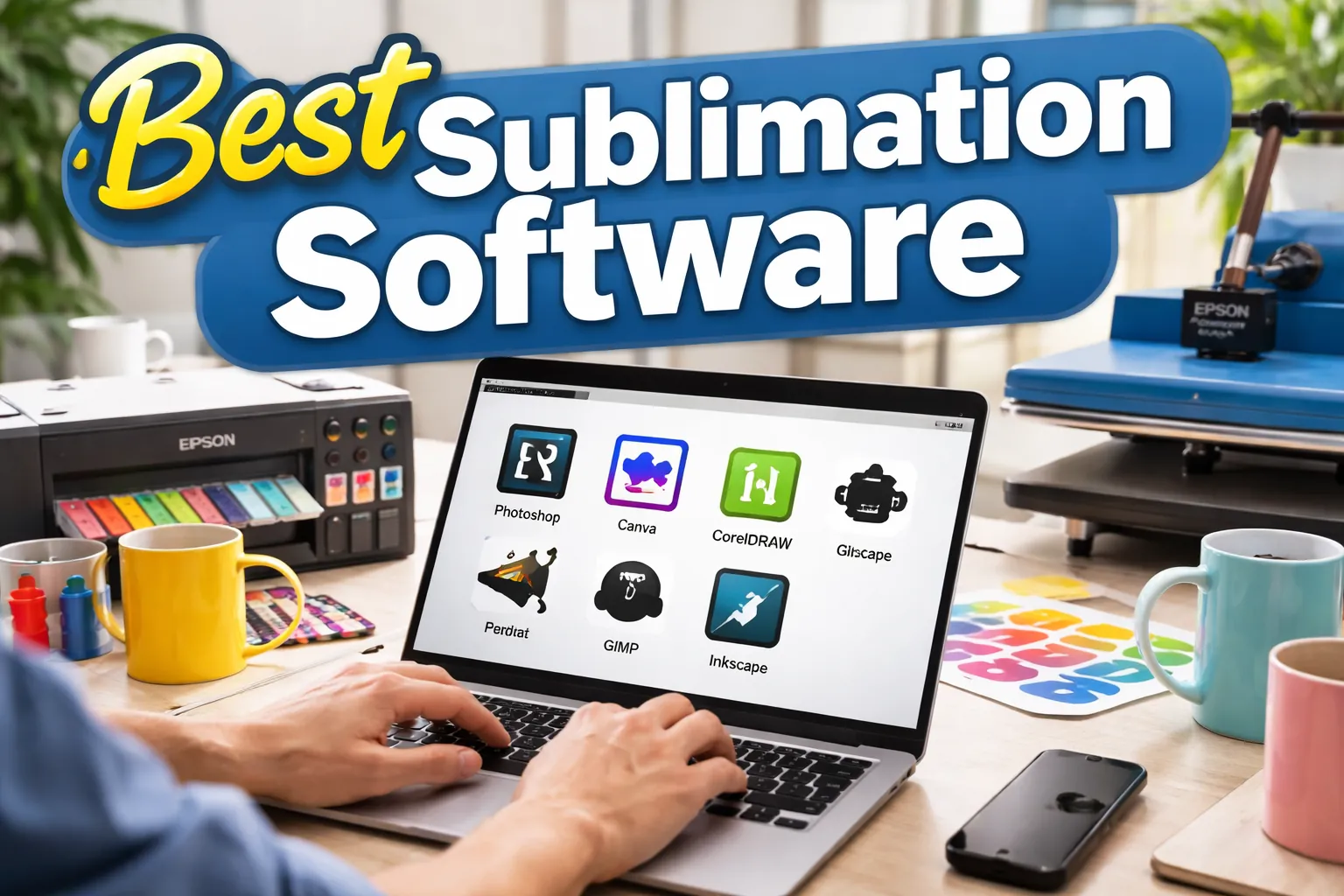 Person using a laptop to choose sublimation design software in a home printing workspace with printer and heat press.