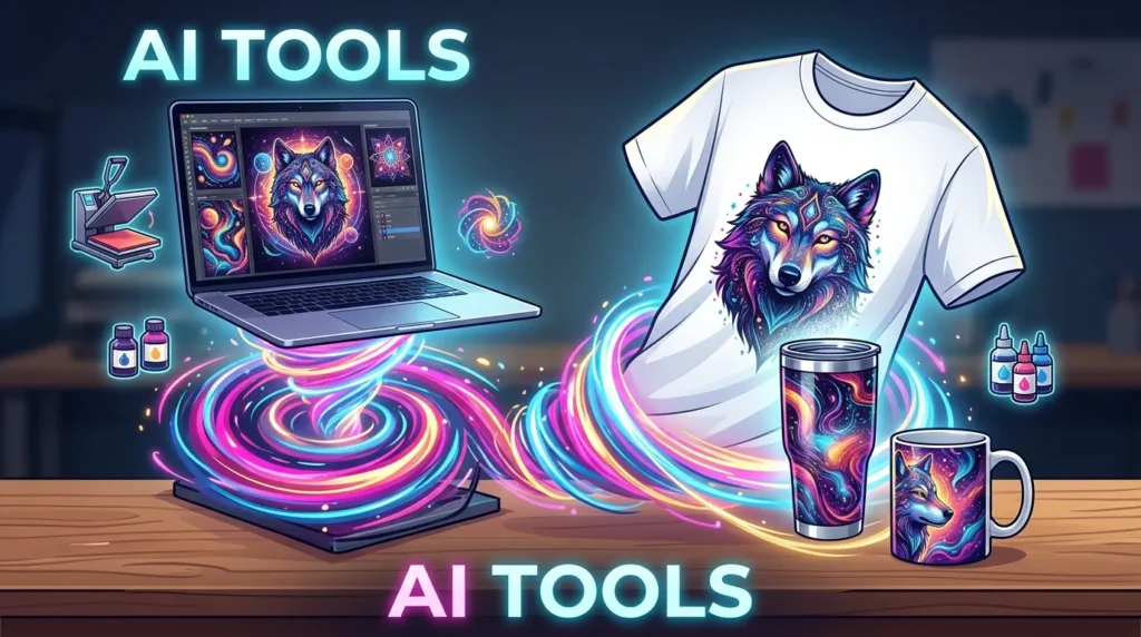 AI robot generating sublimation artwork for t-shirts, tumblers, and mugs using design software.
