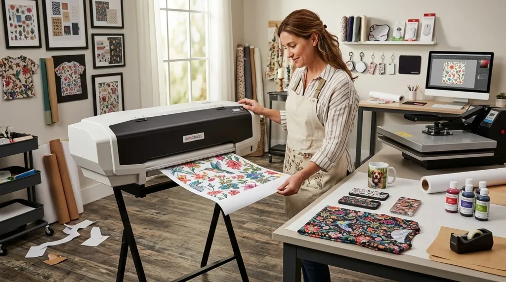 A sublimation theme setup, a woman using a sawagrass jv628 printer.