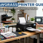 Woman using a Sawgrass sublimation printer in a crafting workspace with printed mugs and shirts and guide title overlay.