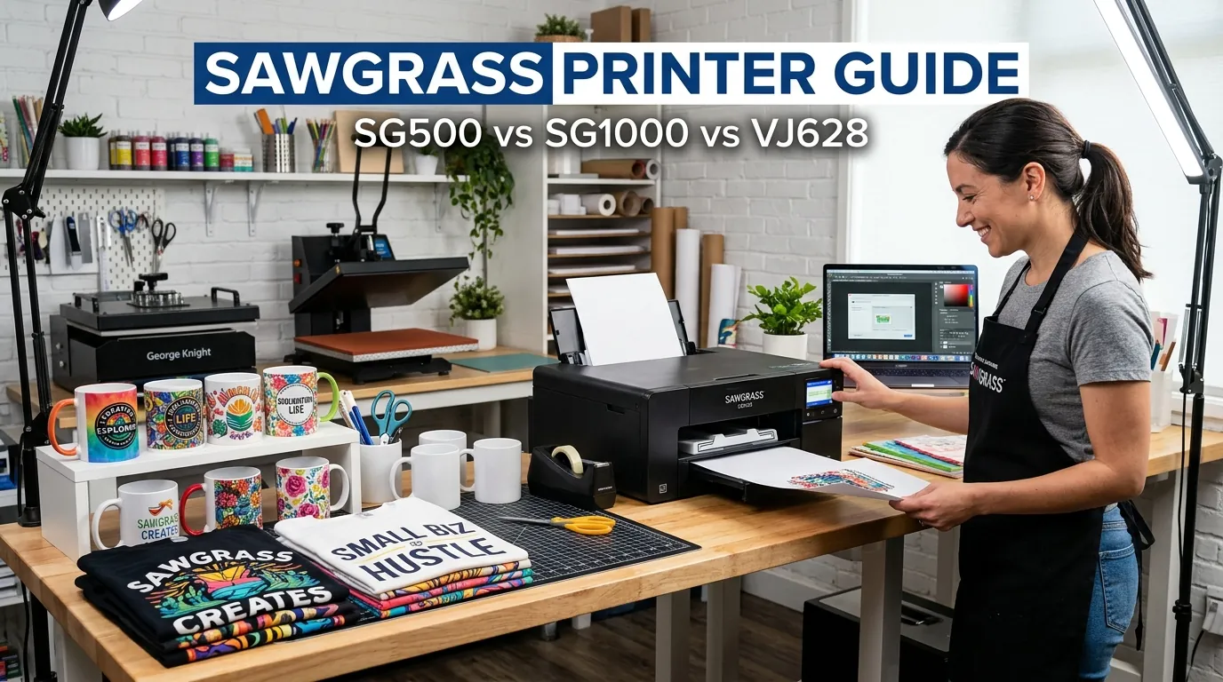Woman using a Sawgrass sublimation printer in a crafting workspace with printed mugs and shirts and guide title overlay.