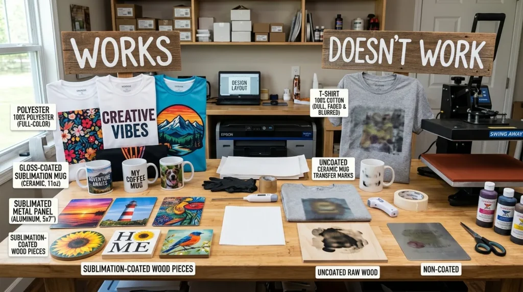 A workspace showing different sublimation blanks including polyester shirts, mugs, metal panels, and wood pieces labeled as “works” and “doesn’t work”.