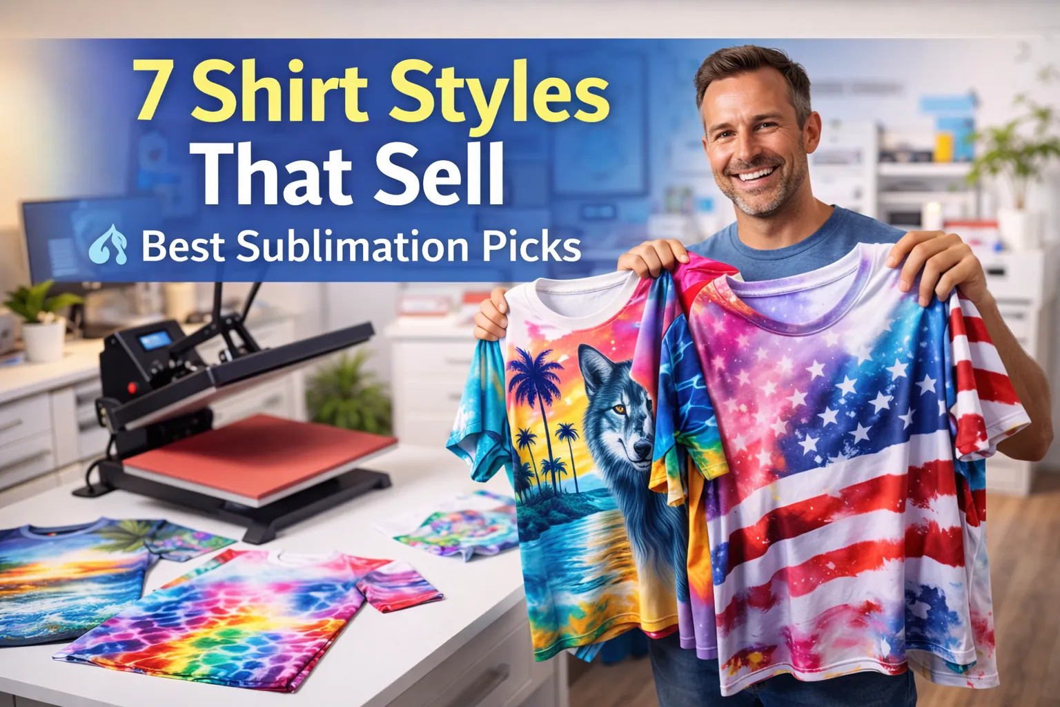 Man holding sublimation shirts in bright workspace with heat press and prints