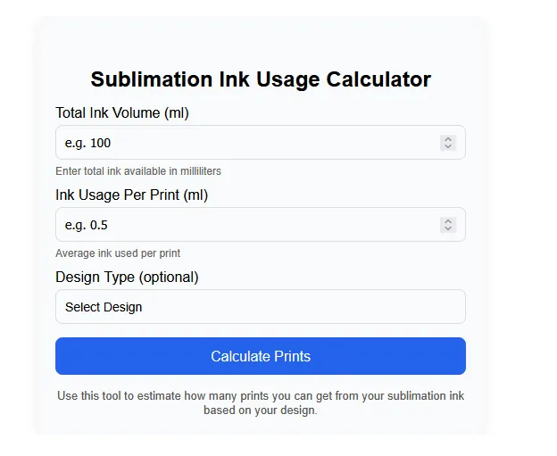A screen short of Sublimation Ink Usage Calculator.