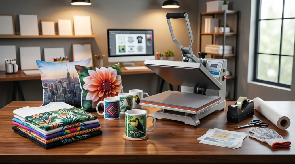 Heat press workspace with colorful sublimated shirts, mugs, and pillows neatly displayed.