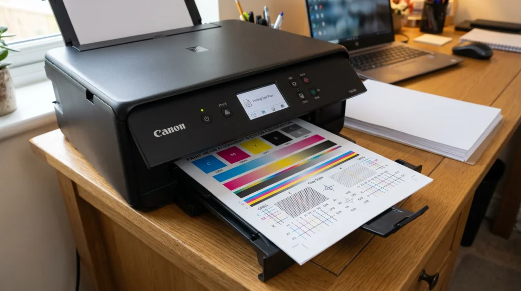A home printer printing a colorful test page with CMYK blocks, gradients, and alignment lines clearly visible
