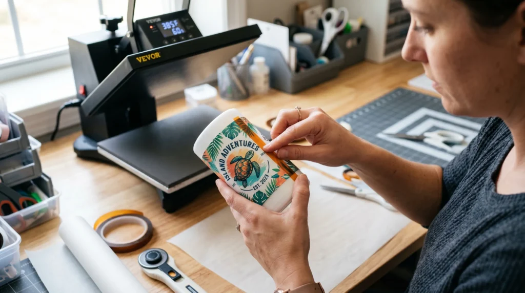 Person aligning sublimation print on can cooler with heat tape in workspace