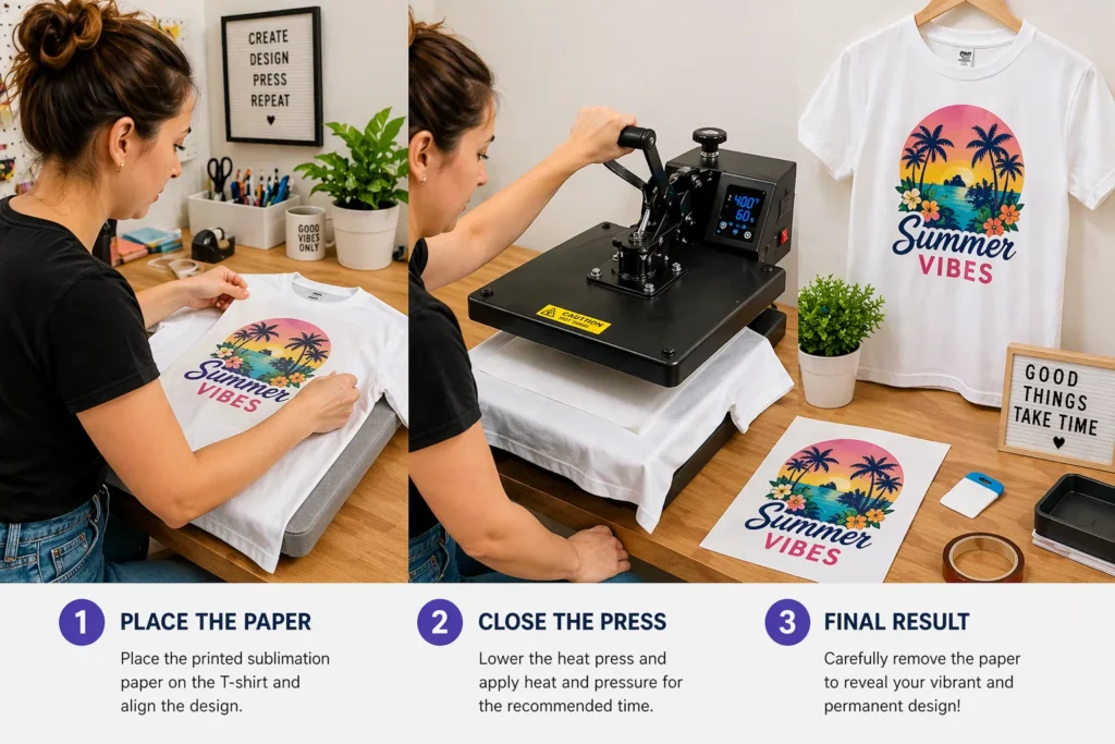 Beginner pressing colorful sublimation design onto white polyester T-shirt using heat press