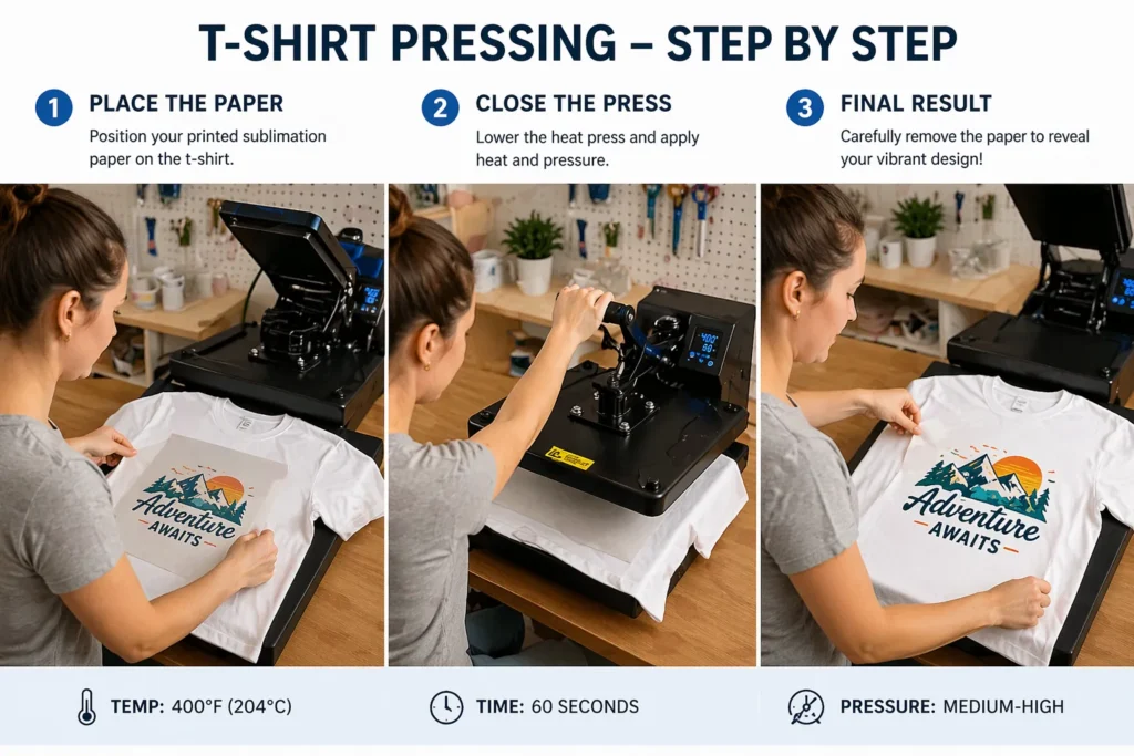Beginner using heat press showing paper placement, pressing step, and finished T-shirt result