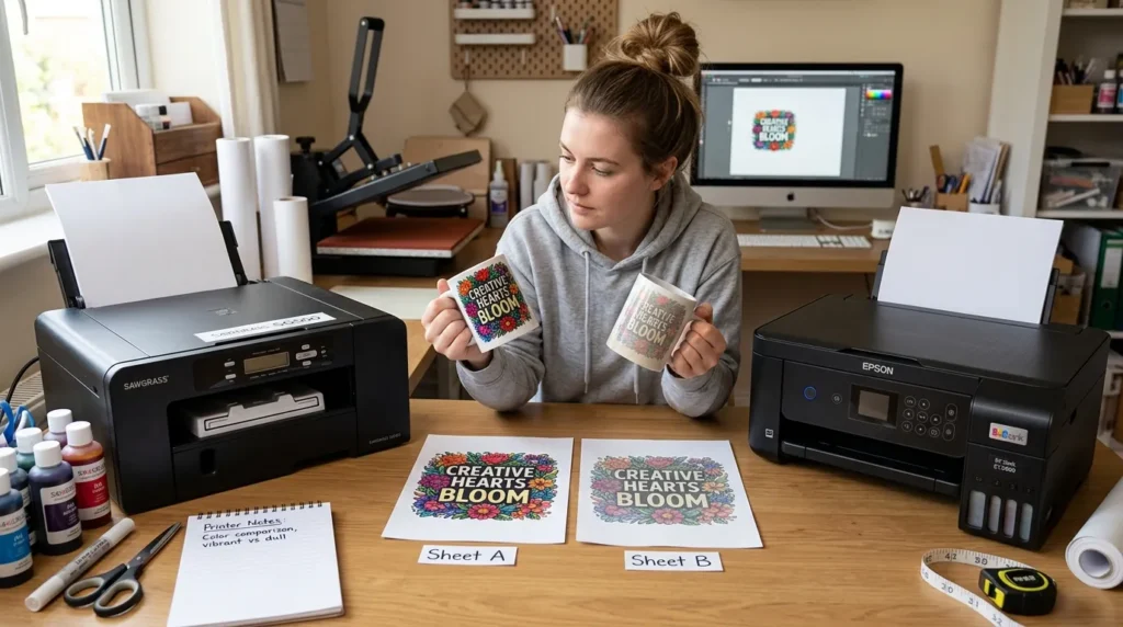 A beginner comparing two sublimation printers on a desk with printed samples showing color differences.