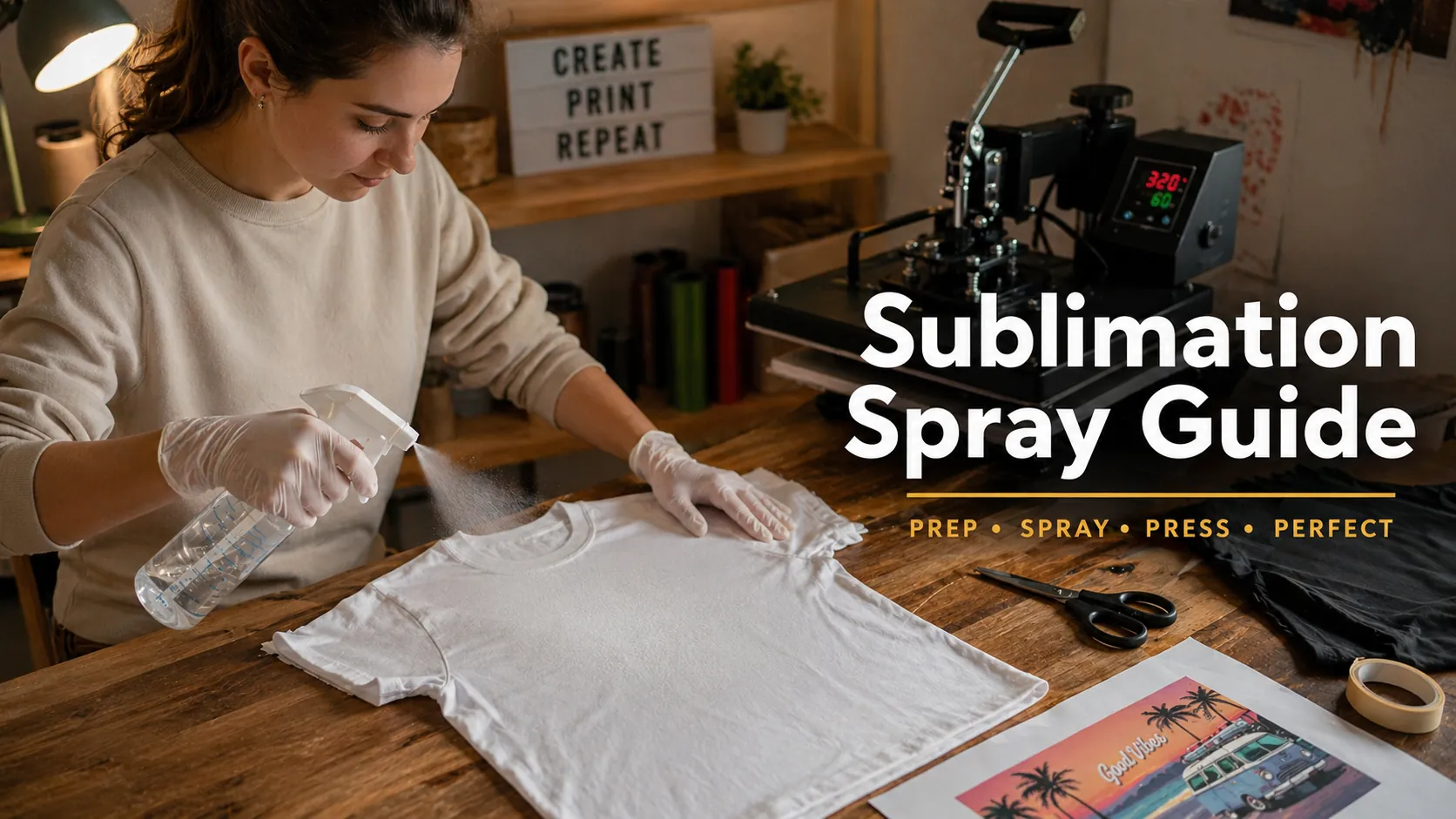 Beginner crafter spraying coating on T-shirt in warm small workshop setup