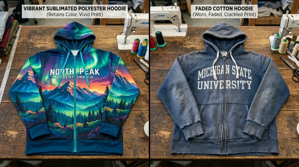 A side-by-side comparison of a vibrant sublimated polyester hoodie and a faded cotton hoodie on a worktable.