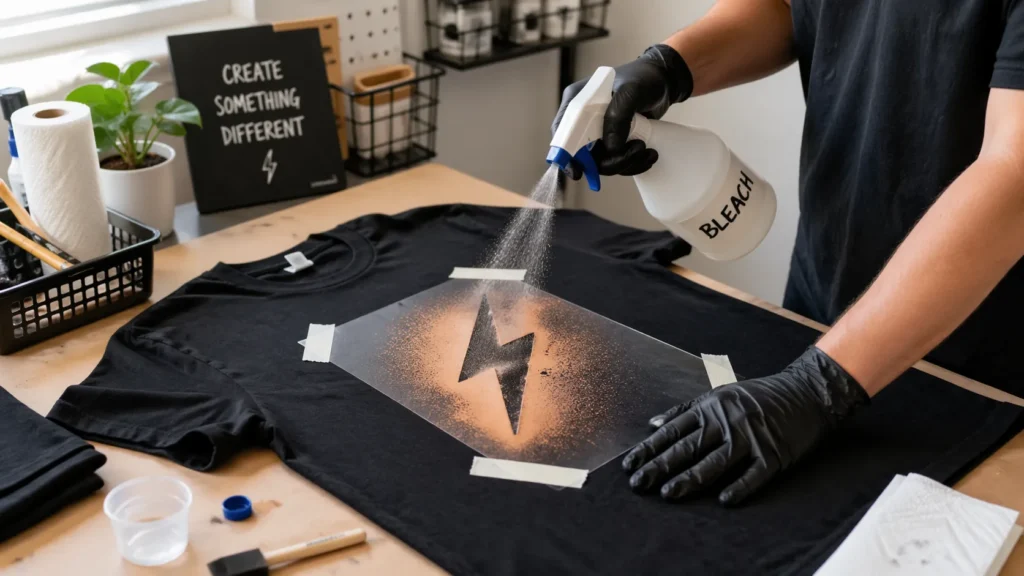 Person spraying bleach on black t-shirt using stencil in bright workspace