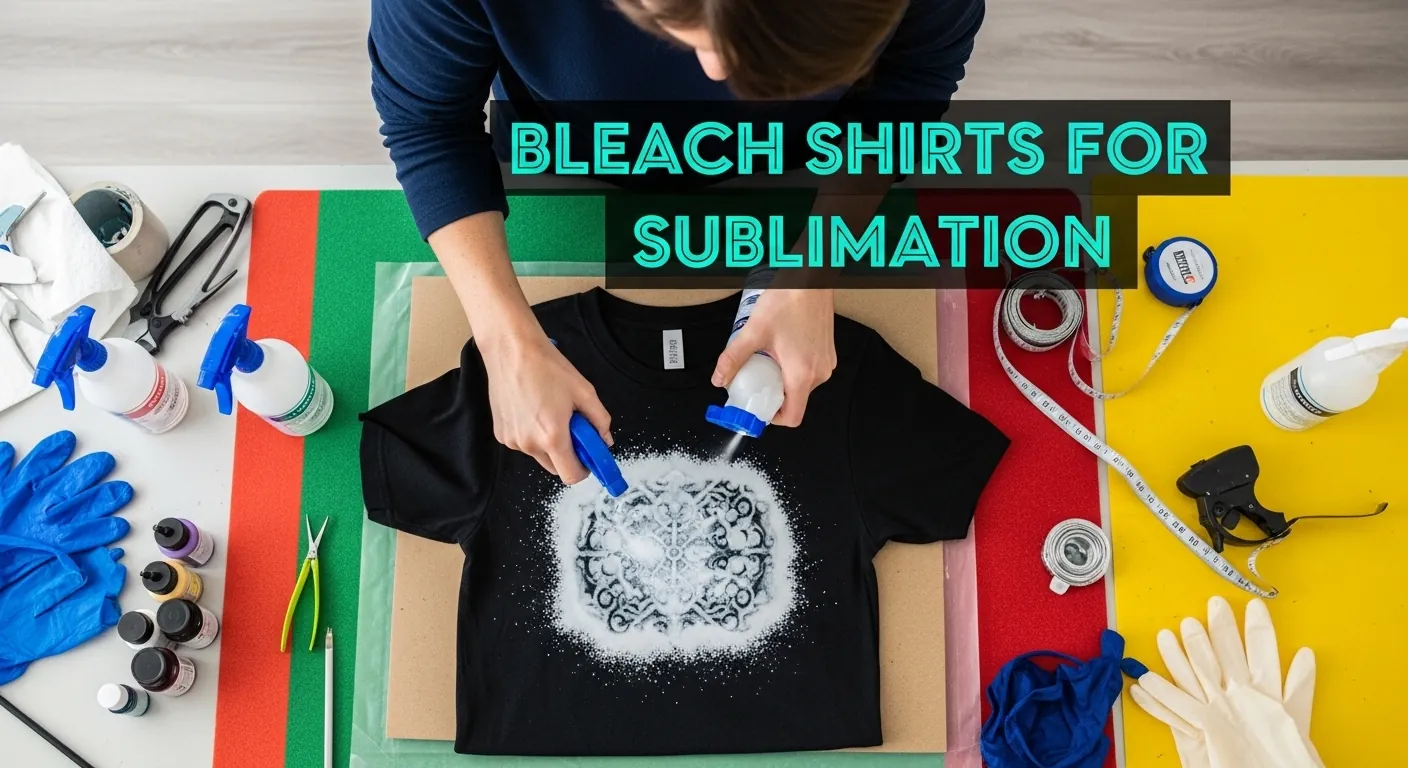 Person bleaching a black shirt with stencil for sublimation printing in a bright workspace with visible design area.