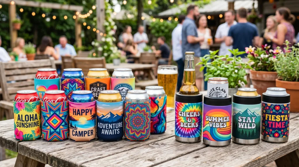 Colorful sublimated can coolers including neoprene koozies and stainless steel 4-in-1 coolers with full-wrap designs.