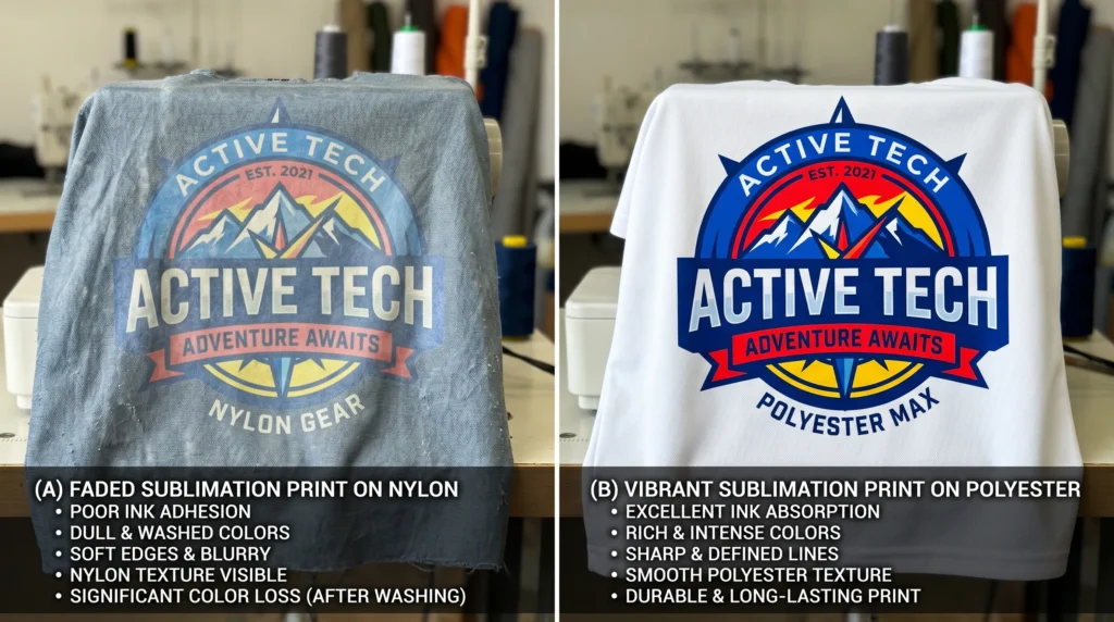 Side-by-side comparison of a faded sublimation print on nylon and a vibrant print on polyester fabric.