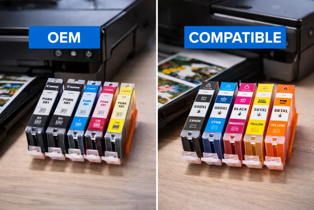 A side-by-side image of OEM and compatible ink cartridges placed next to a home printer setup.