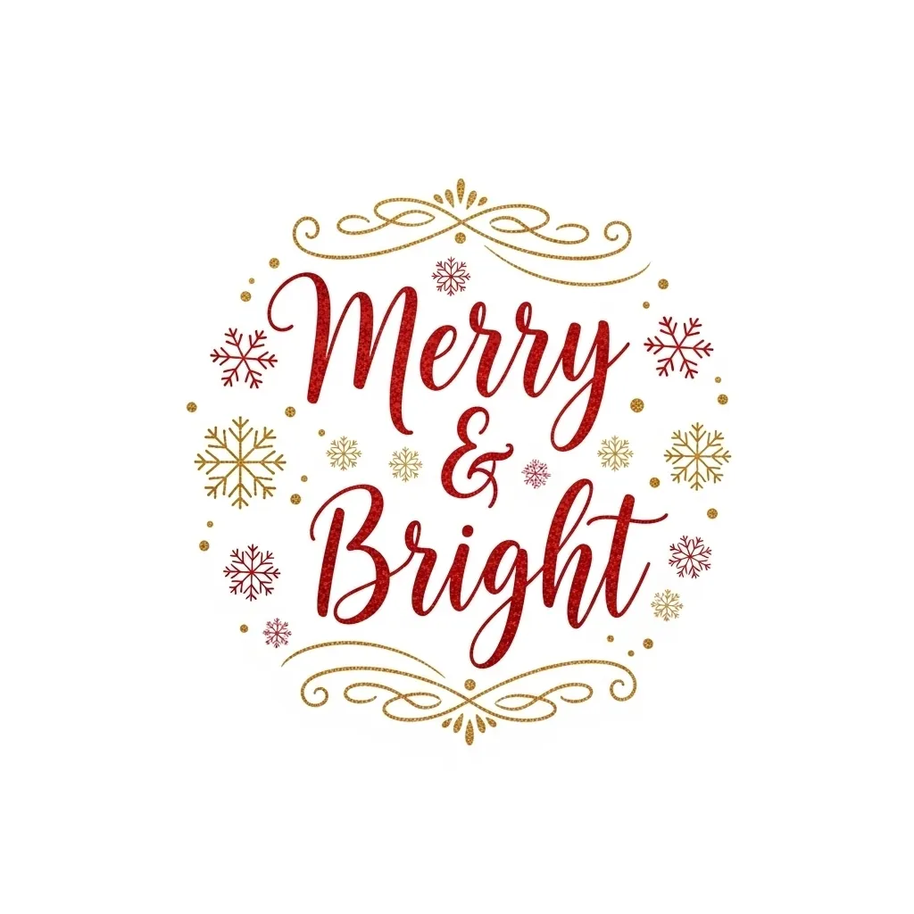 Merry and Bright sublimation ornament design with festive typography and snowflake accents design.