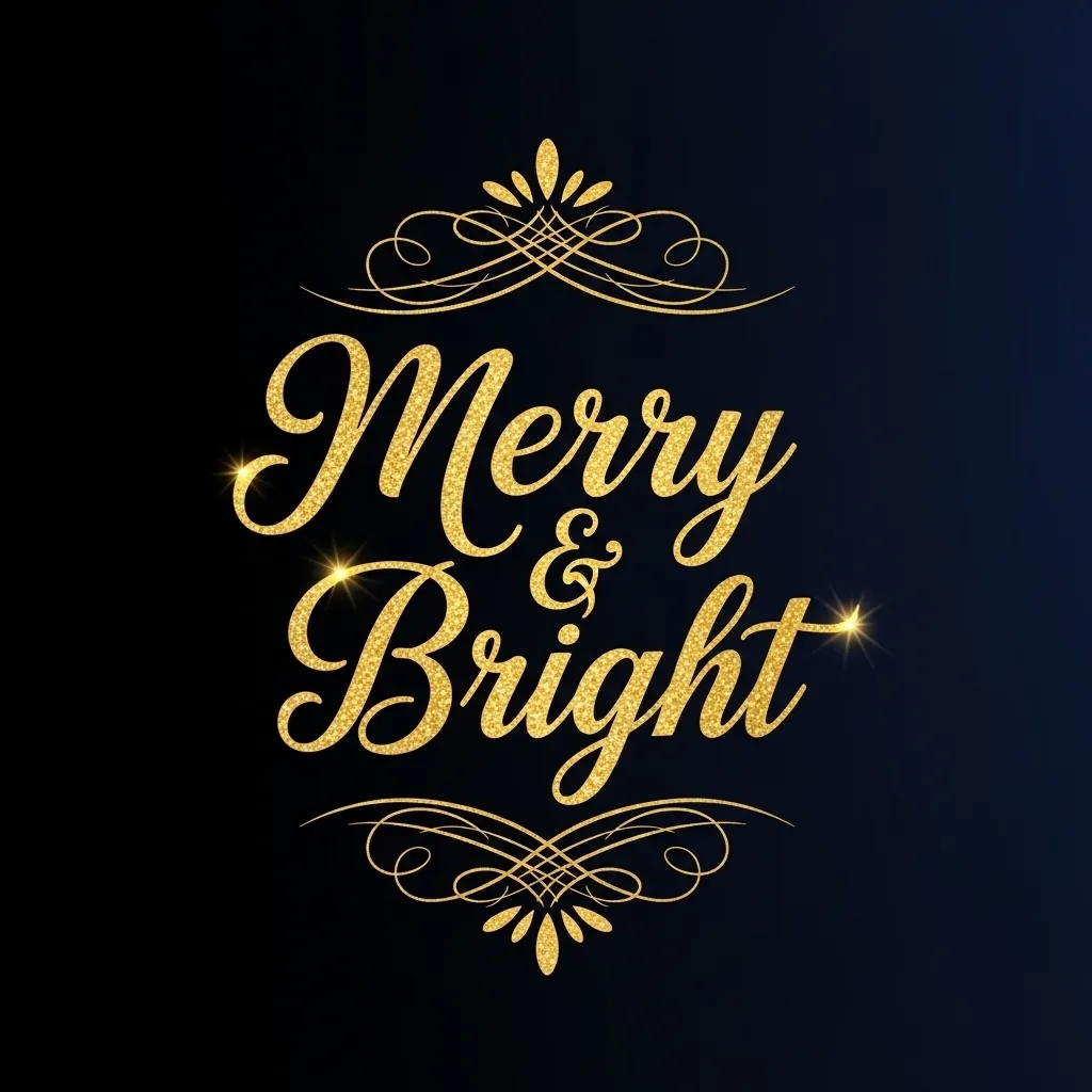 Elegant Merry and Bright ornament design with gold style typography and dark background