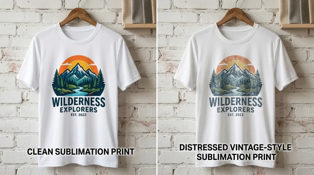 Side-by-side comparison of a clean sublimation print vs a distressed vintage-style sublimation print.