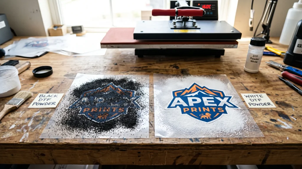 Black and white DTF powder comparison on printed transfer sheets in workspace