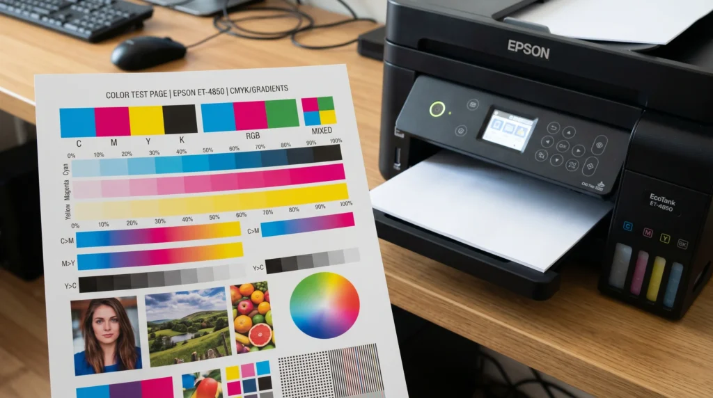 Close-up of a printed color test page with CMYK blocks, gradients, and smooth color transitions placed next to a home printer