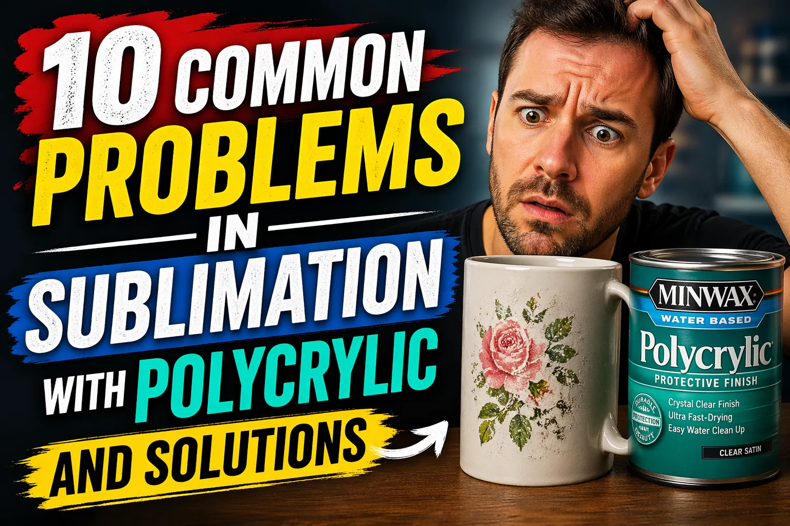 Confused man looking at a flawed sublimation mug next to a Polycrylic can, with bold text highlighting common sublimation problems and solutions.