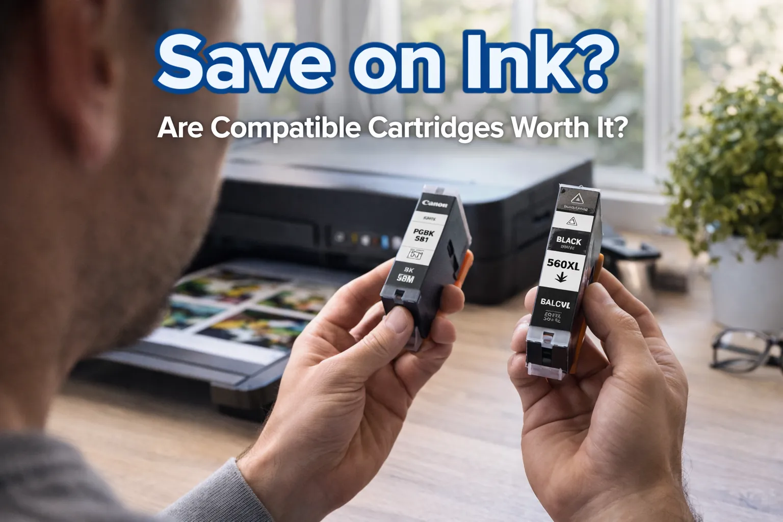 Man comparing OEM and compatible ink cartridges at a home desk with a printer and bold text overlay about saving money on ink.