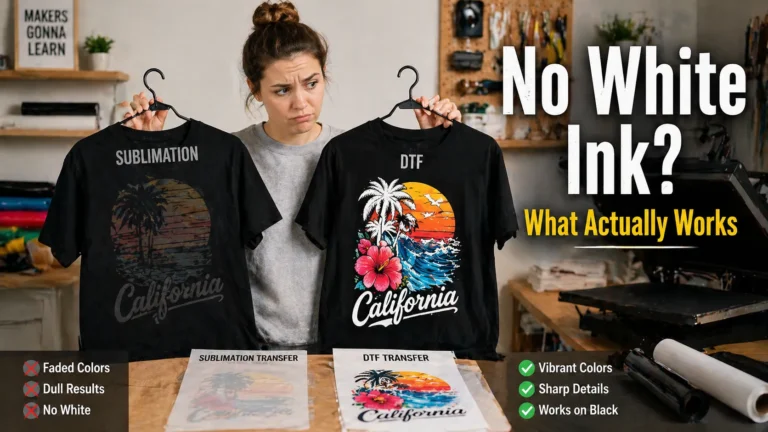 Beginner comparing faded sublimation print and bright DTF design on black shirt