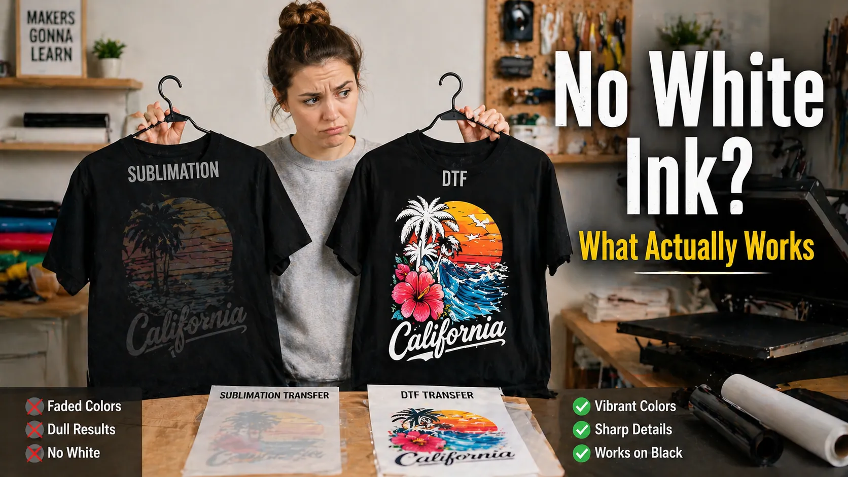 Beginner comparing faded sublimation print and bright DTF design on black shirt