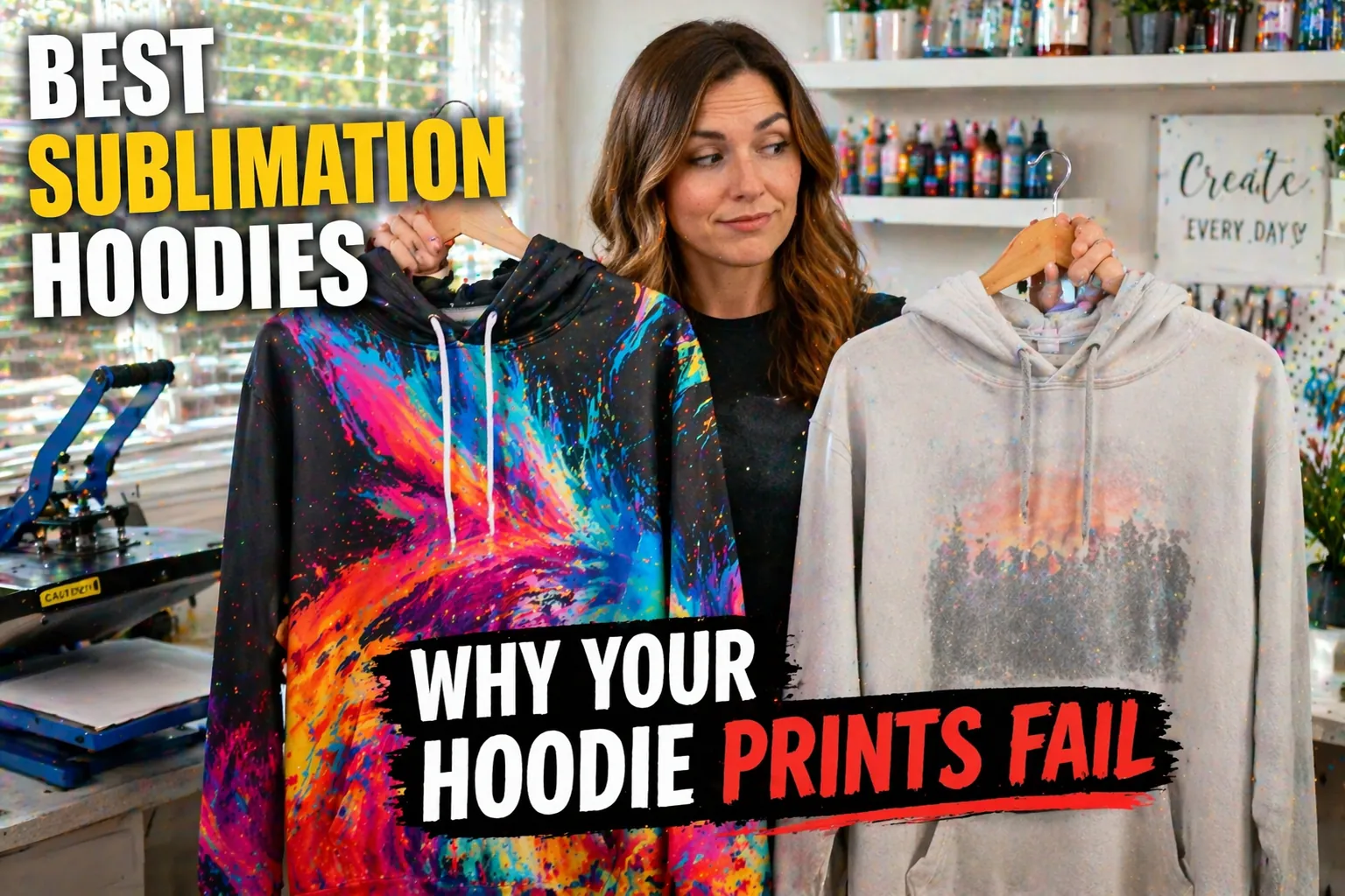 Person comparing a vibrant sublimated polyester hoodie with a faded cotton hoodie in a printing workspace.