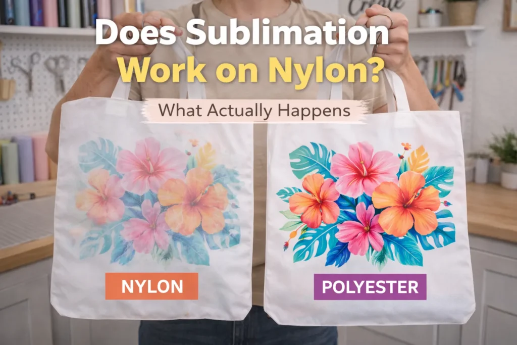 Comparison of failed sublimation print on nylon fabric and vibrant print on polyester with tutorial text overlay.