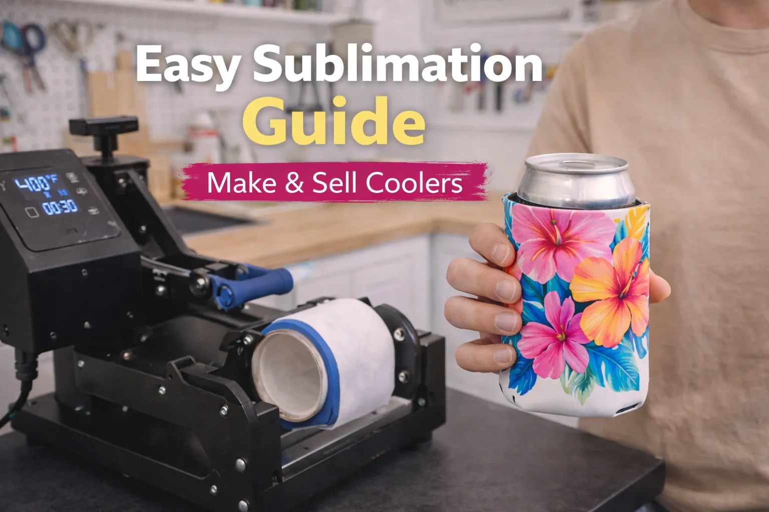 Person holding a sublimated can cooler near a heat press with bold tutorial text overlay.